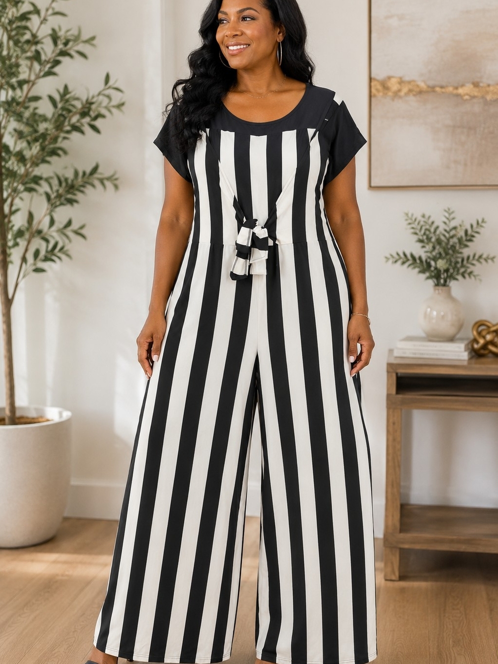 Source Unknown Black and White Vertical Stripe Wide-Leg Jumpsuit